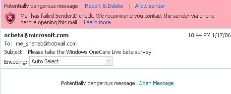 Windows OneCare Live mail